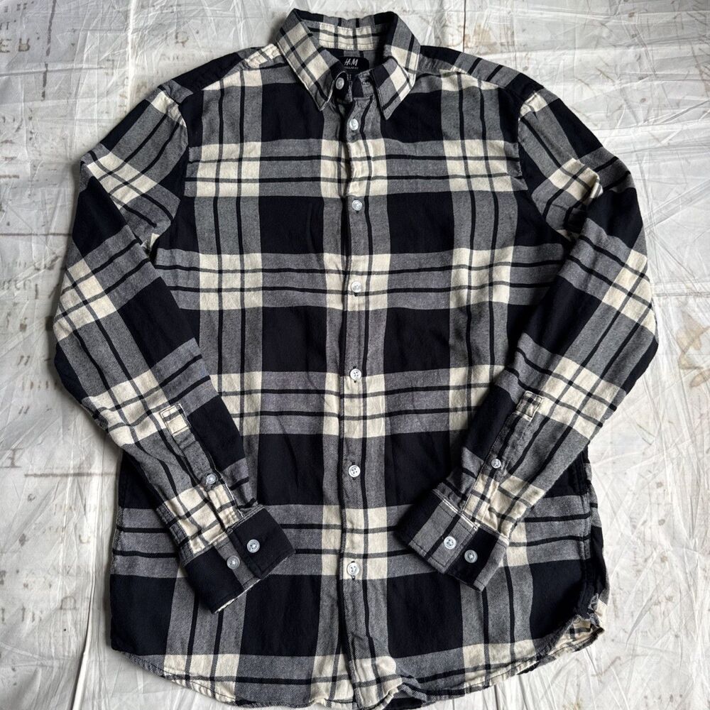 S H&M Regular Fit Plaid Long Sleeve Button-Up Shirt - Black Gray Cream
